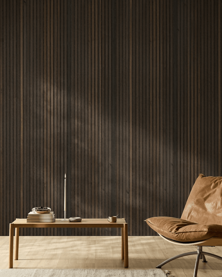 Akupanel | Akustikkpanel / Naturlig tre, rustikk røkt eik, bronsebrun filt, 240 x 60 cm